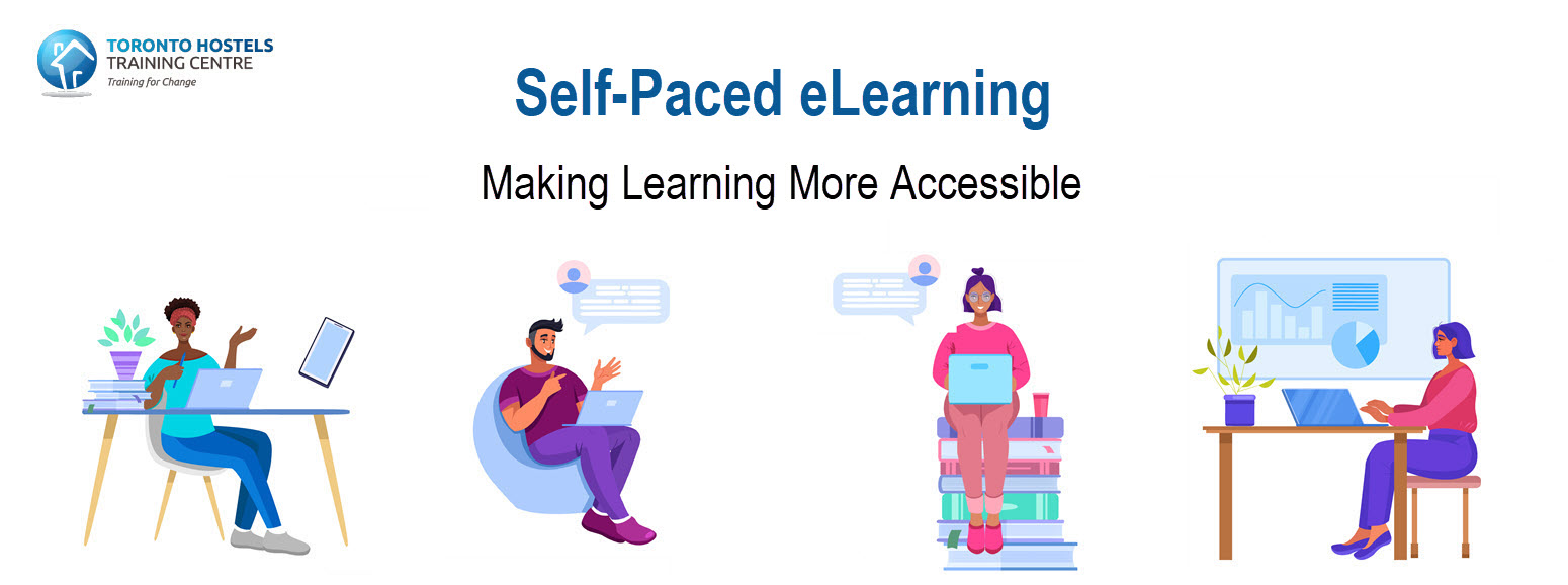 Moodle Home page shows four people participating in eLearning courses at their desks and remotely.